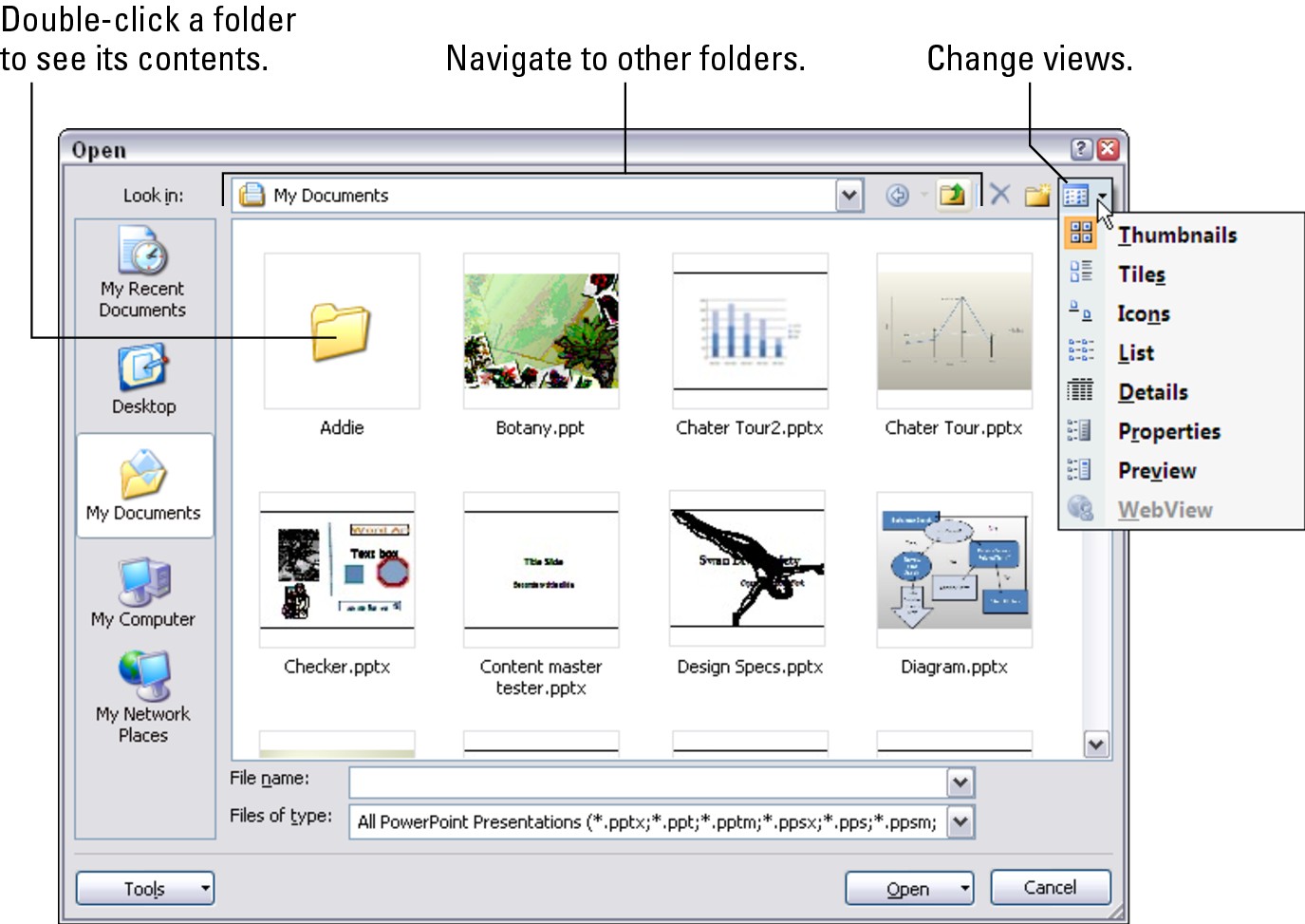 Figure 2-5: The Open dialog box in Thumbnails view.